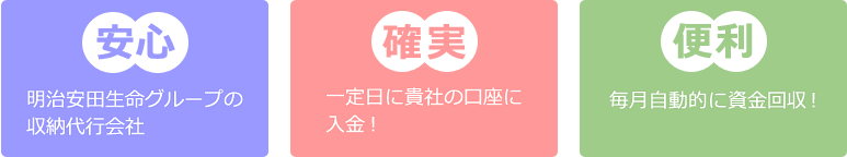 安心 明治安田生命グループの収納代行会社,確実 一定日に貴社の口座に入金！,便利 毎月自動的に資金回収！